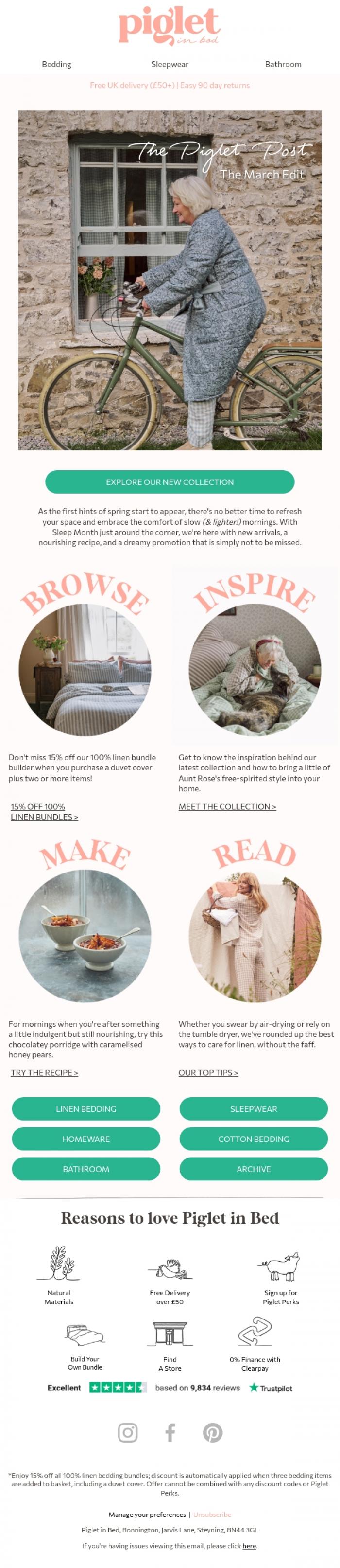 Email Design Inspiration from Piglet in Bed, 15% off 100% linen bundles 😍
