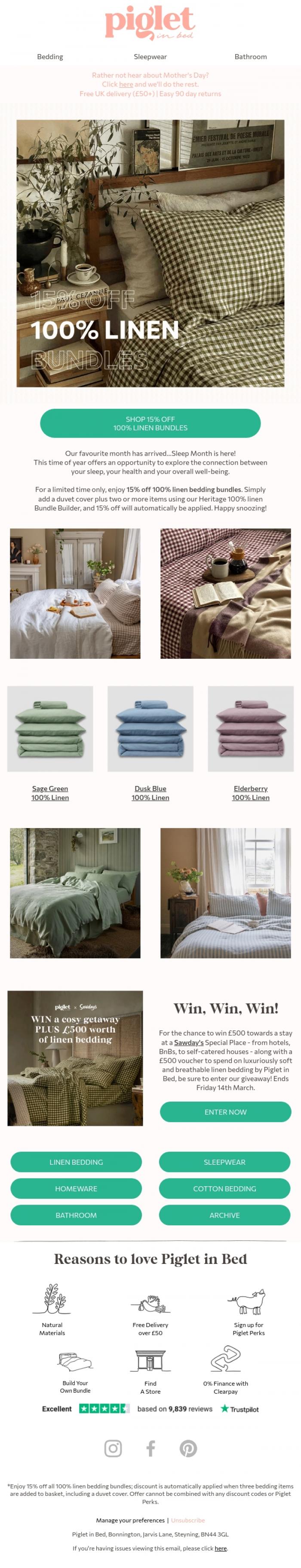 Email Design Inspiration from Piglet in Bed, Dream big: 15% off 100% linen bundles