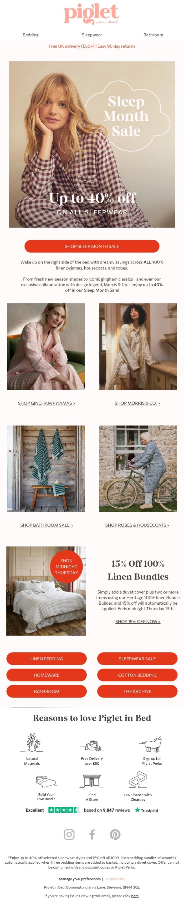 Email Design Inspiration from Piglet in Bed, Up to 40% off ALL sleepwear?! 😴