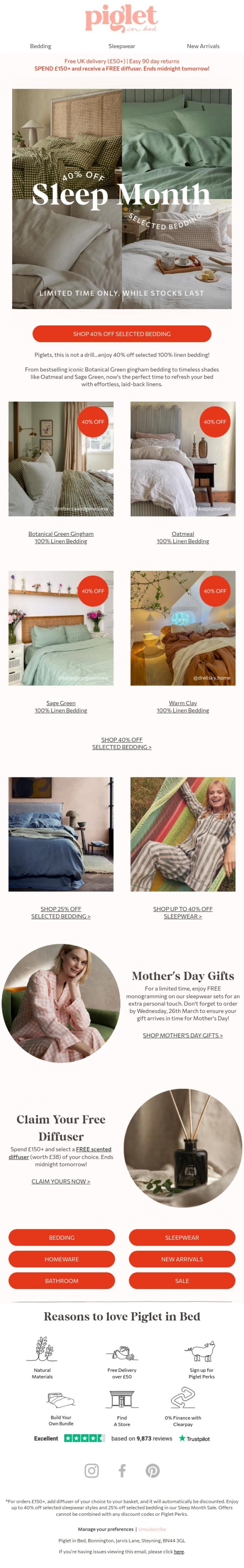 Email Design Inspiration from Piglet in Bed, 40% off bestselling 100% linen 🫢