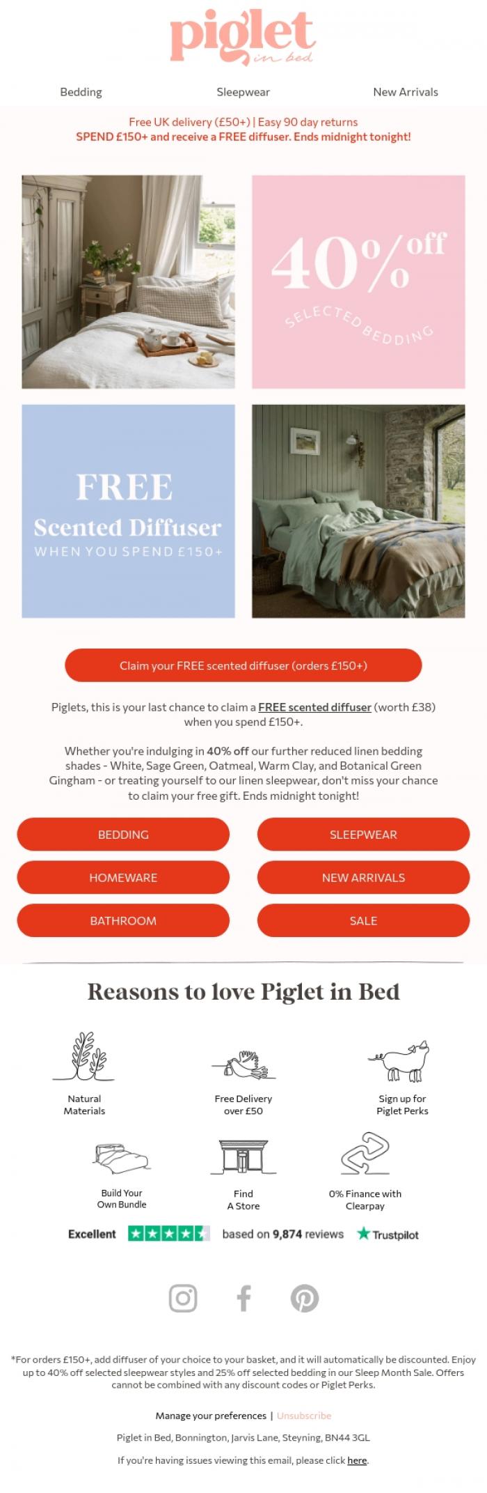 Email Design Inspiration from Piglet in Bed, Ends Midnight: FREE diffuser with &pound;150+ spend