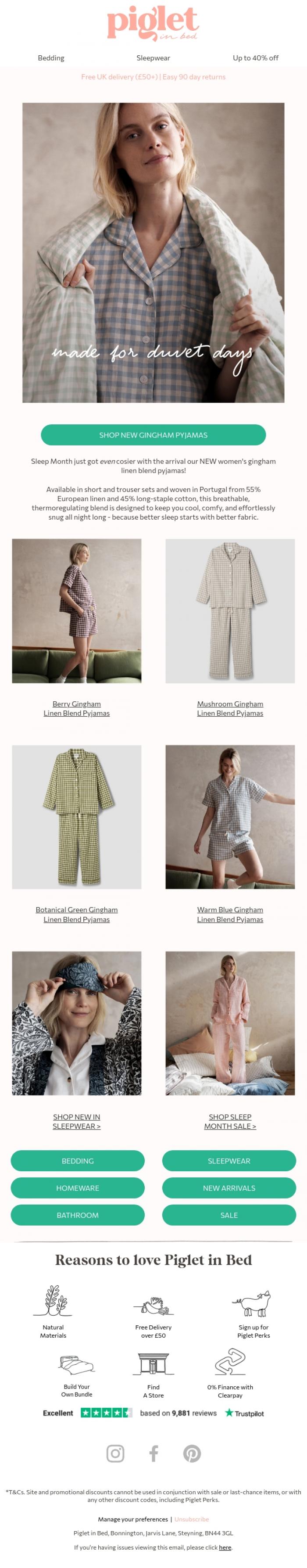 Email Design Inspiration from Piglet in Bed, NEW & (Already) Trending: Gingham PJs 🍓