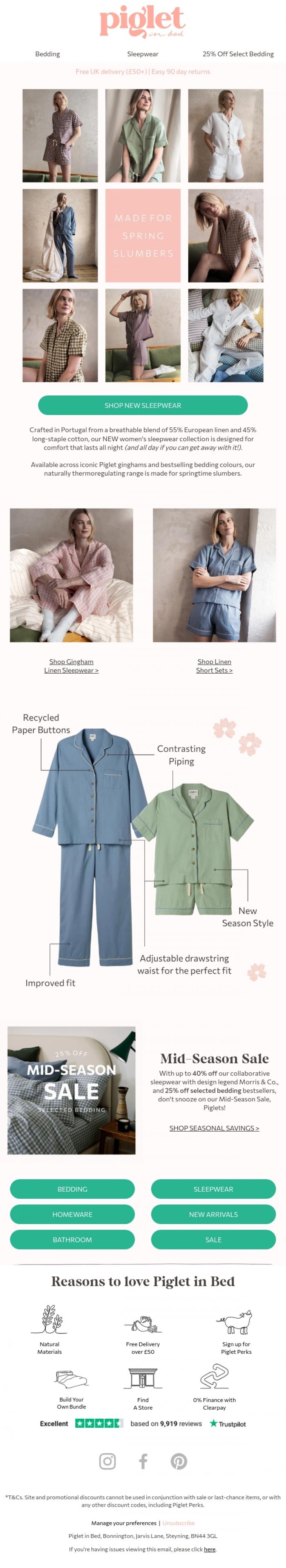 Email Design Inspiration from Piglet in Bed, Meet our NEW sleepwear collection 🌷