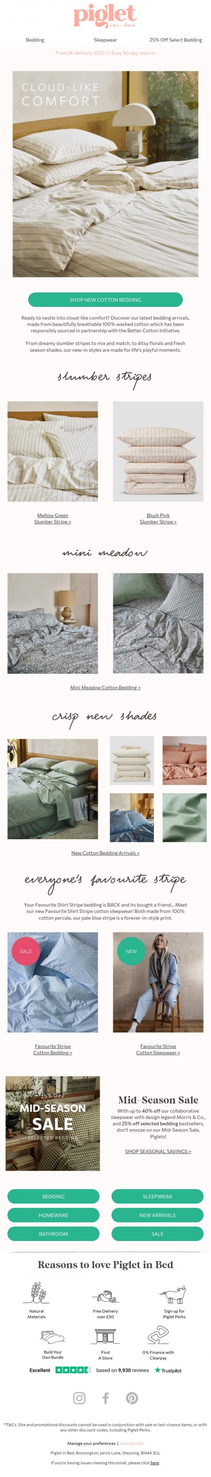 Email Design Inspiration from Piglet in Bed, NEW 100% cotton bedding arrivals 💕