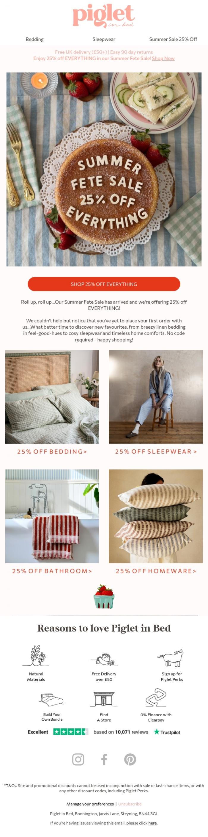 Email Design Inspiration from Piglet in Bed, 25% off EVERYTHING starts now!