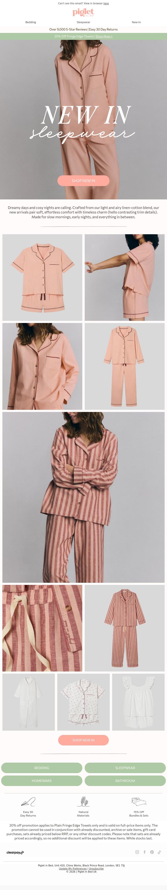 Email Design Inspiration from Piglet in Bed, JUST DROPPED: Dreamy sleepwear