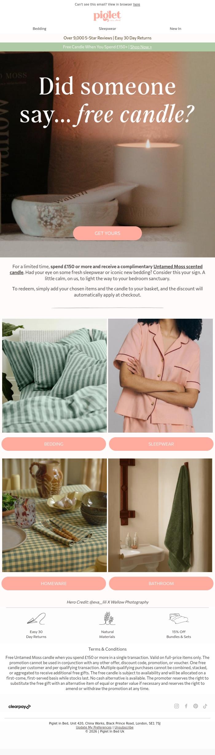 Email Design Inspiration from Piglet in Bed, FREE scented candle with &pound;150+ spend!