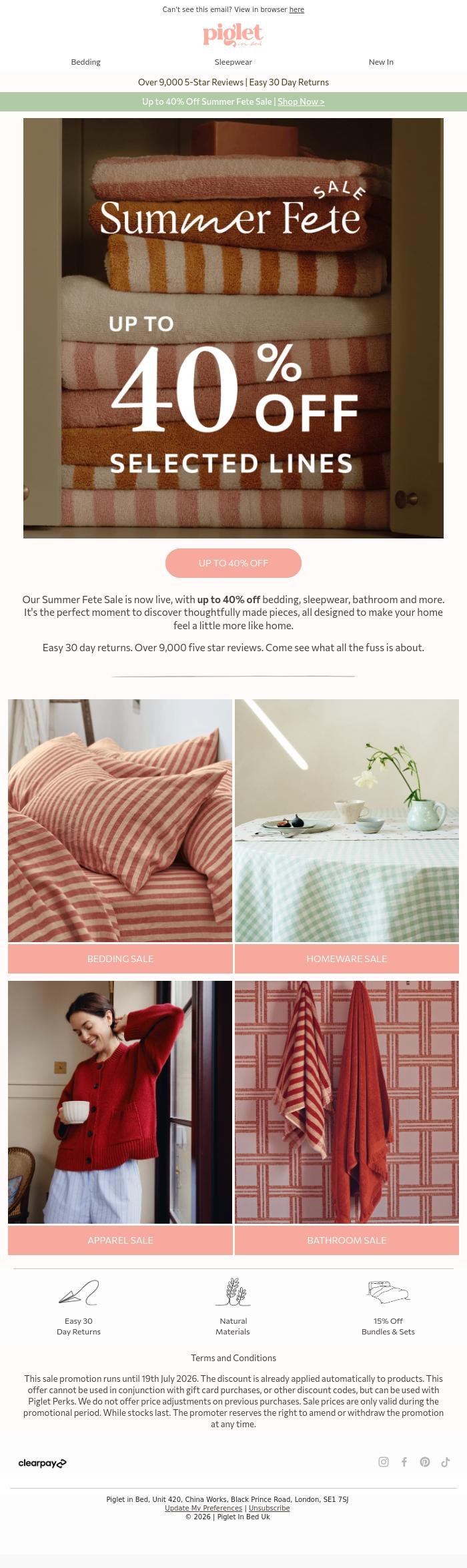 Email Design Inspiration from Piglet in Bed, Our Summer Fete Sale starts now - up to 40% off