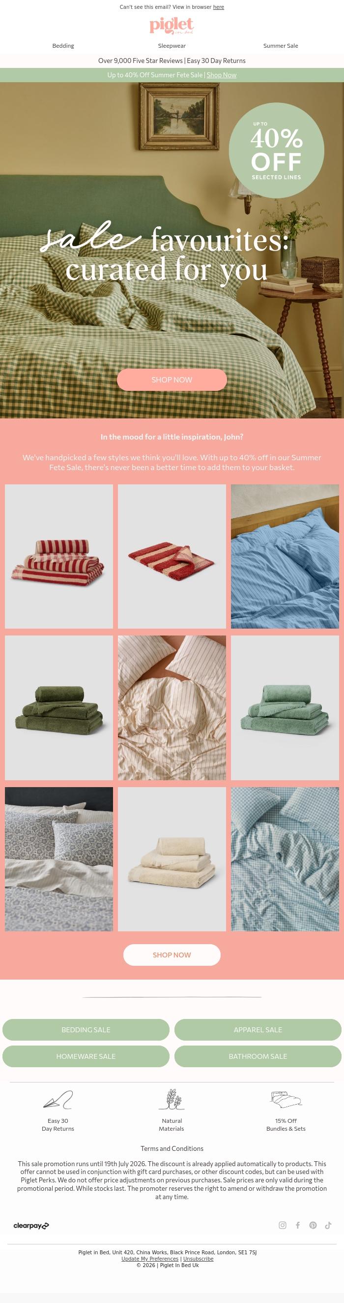 Email Design Inspiration from Piglet in Bed, John, your sale edit is here