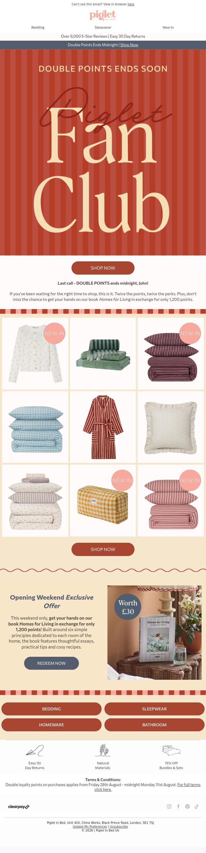 Email Design Inspiration from Piglet in Bed, Last call for DOUBLE POINTS, John 👀