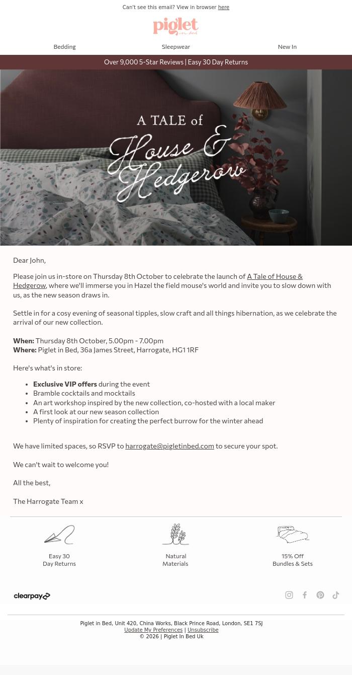 Email Design Inspiration from Piglet in Bed - Harrogate, You're Invited To A Tale of House & Hedgerow