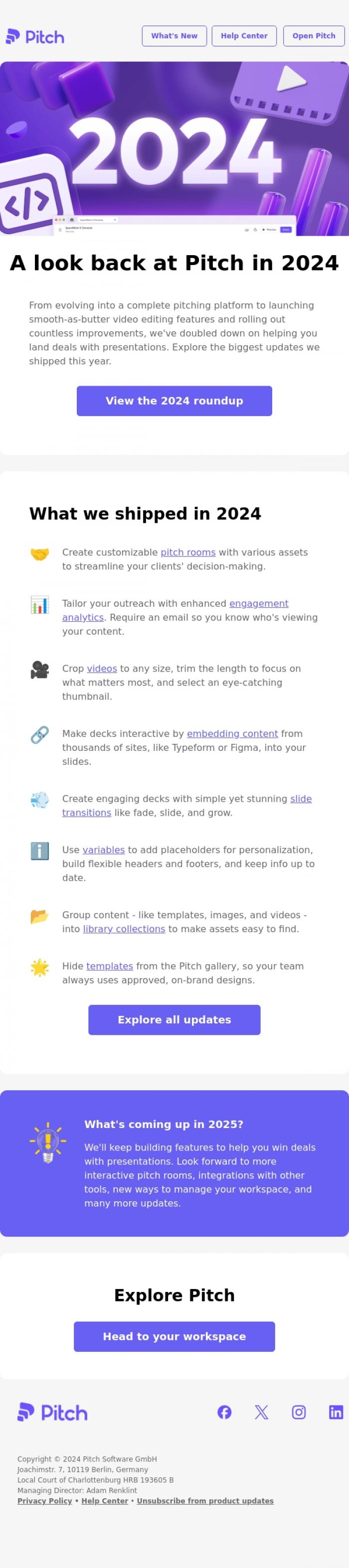 Email Design Inspiration from Pitch, Pitch's 2024 in review ✨ Enhanced analytics, interactive embeds, video editing, and more