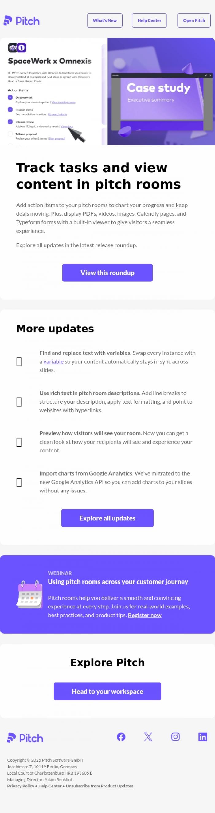 Email Design Inspiration from Pitch, New in Pitch ✨ Track action items and share various types of content directly in pitch rooms