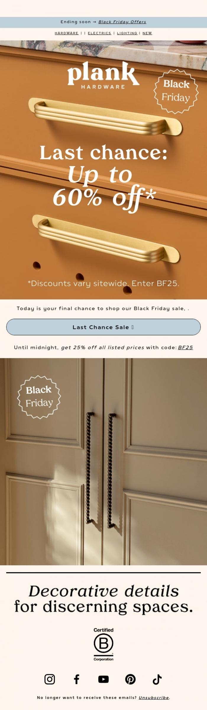 Email Design Inspiration from Plank Hardware, 🦉 Ends Midnight &rarr; Up to 60% Off*