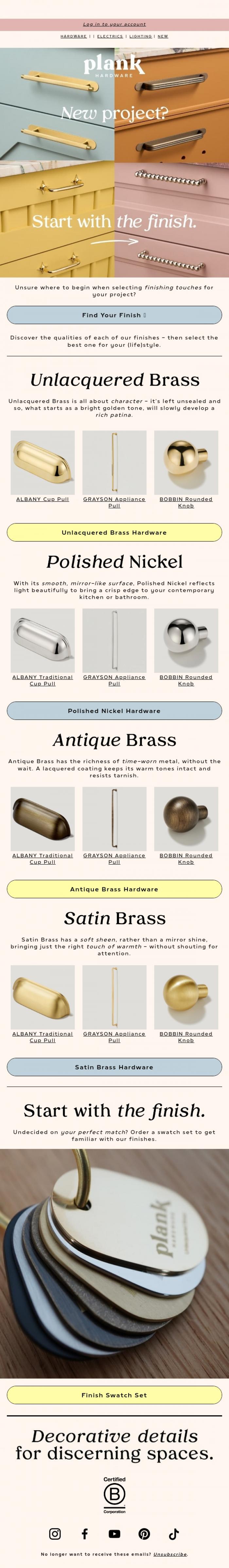 Email Design Inspiration from Plank Hardware, New project? Start with the finish 🏁