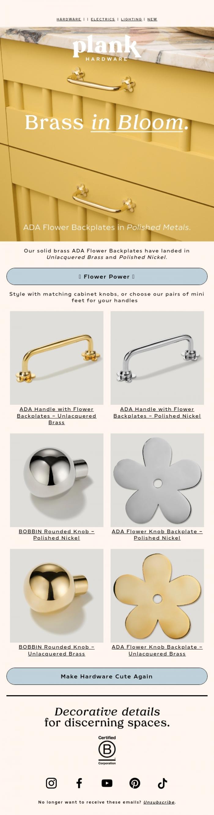 Email Design Inspiration from Plank Hardware, Brass in Bloom 🌼