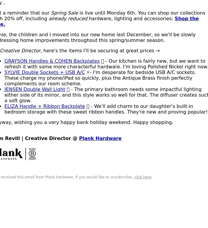 Email Design Inspiration from Plank Hardware, What I'm buying in our sale, as Creative Director 👨&zwj;🎨