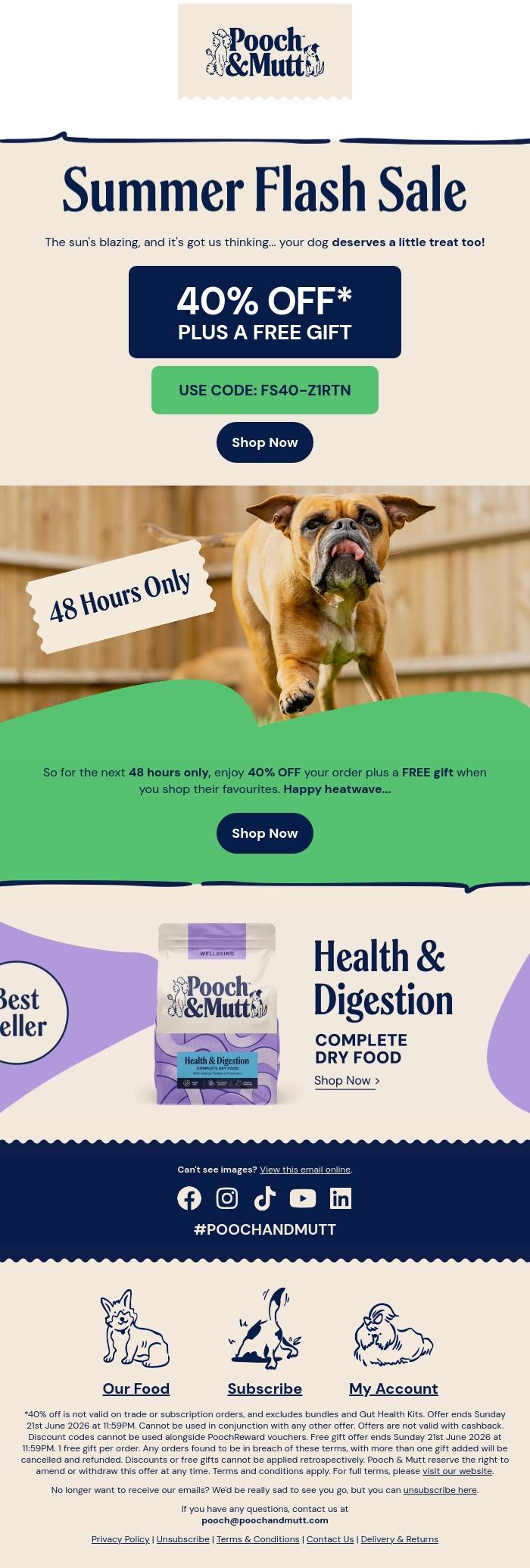 Email Design Inspiration from Pooch & Mutt, Flash Sale 🌞 40% Off + FREE Gift!