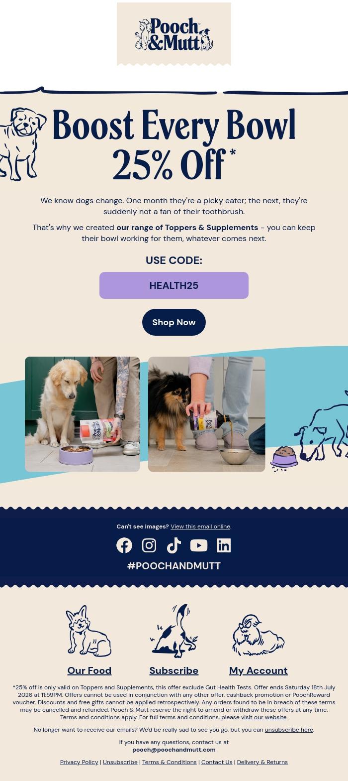 Email Design Inspiration from Pooch & Mutt, 25% Off Toppers & Supplements 🎉
