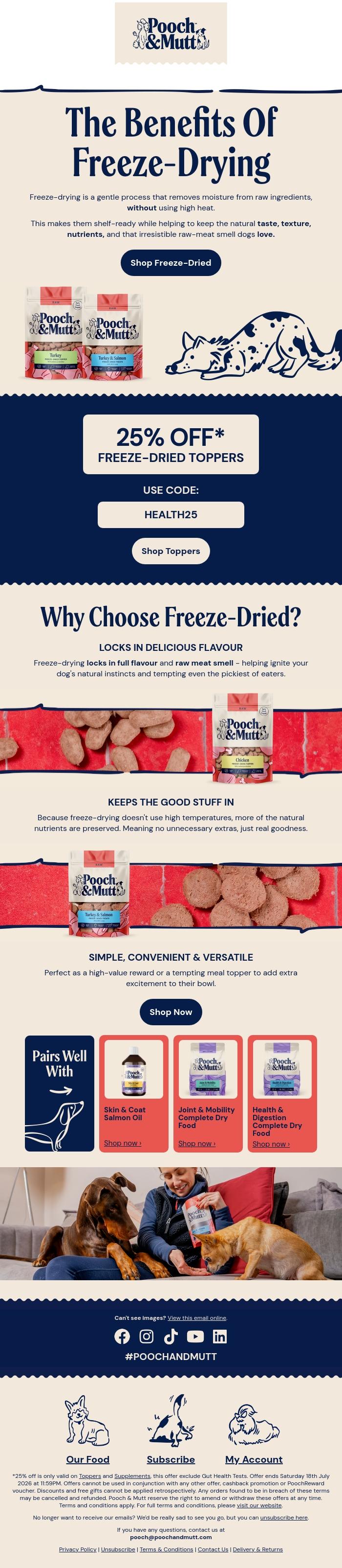 Email Design Inspiration from Pooch & Mutt, 25% OFF 🥩 NEW Freeze Dried Toppers!