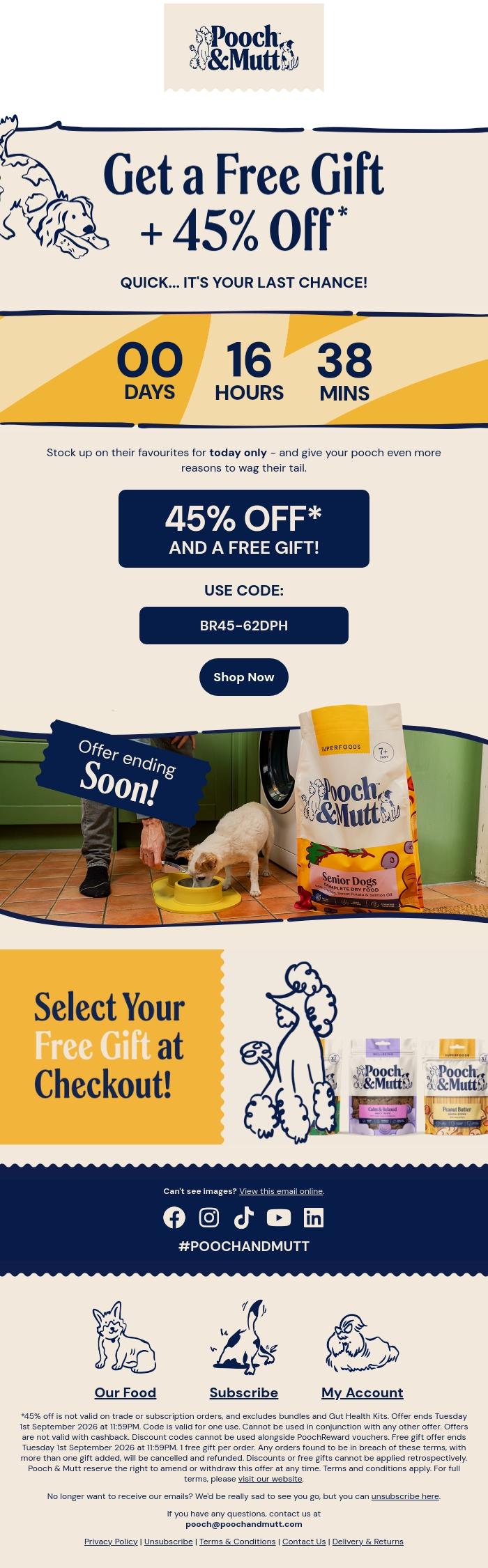 Email Design Inspiration from Pooch & Mutt, Last Call 🚨 45% Off + Free Gift Ends Midnight