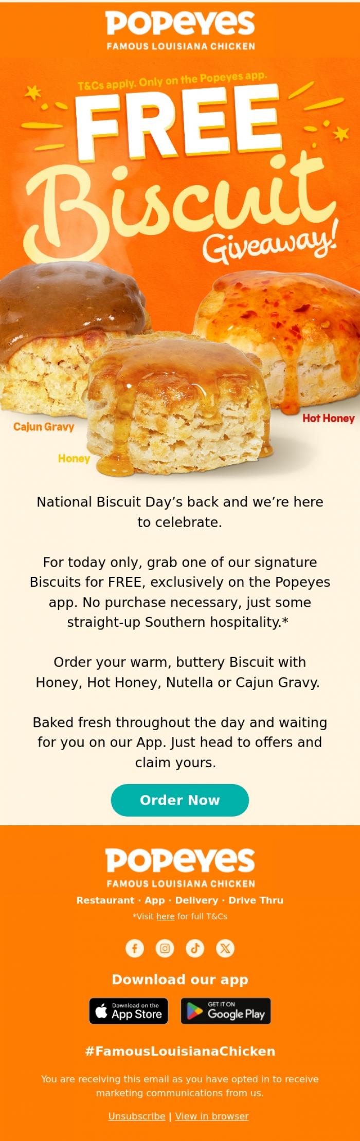 Email Design Inspiration from Popeyes Louisiana Chicken UK, Your FREE Biscuit is waiting 👀