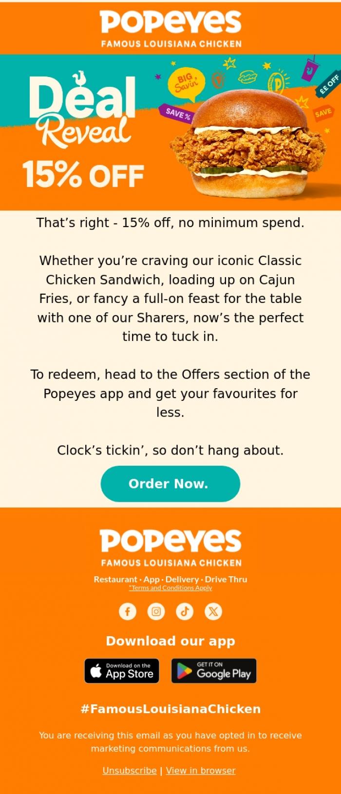 Email Design Inspiration from Popeyes Louisiana Chicken UK, Your exclusive offer