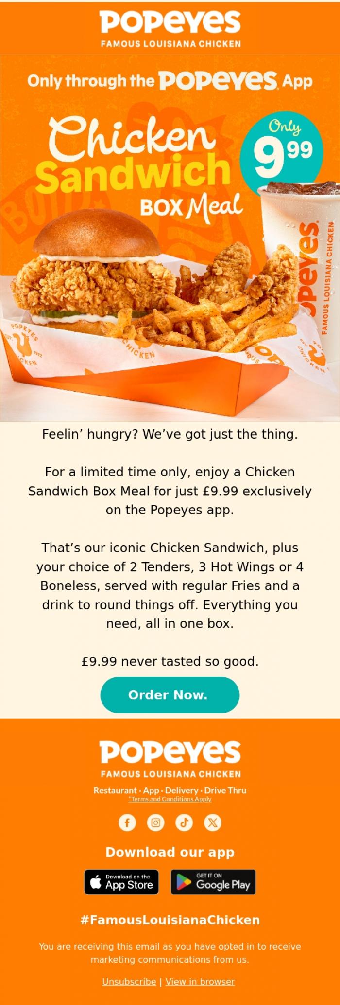 Email Design Inspiration from Popeyes Louisiana Chicken UK, Just &pound;9.99 for a Chicken Sandwich Box Meal