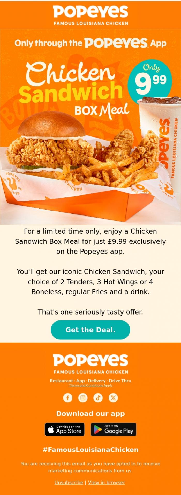 Email Design Inspiration from Popeyes Louisiana Chicken UK, &pound;9.99 Box Meal. Don't overthink it.