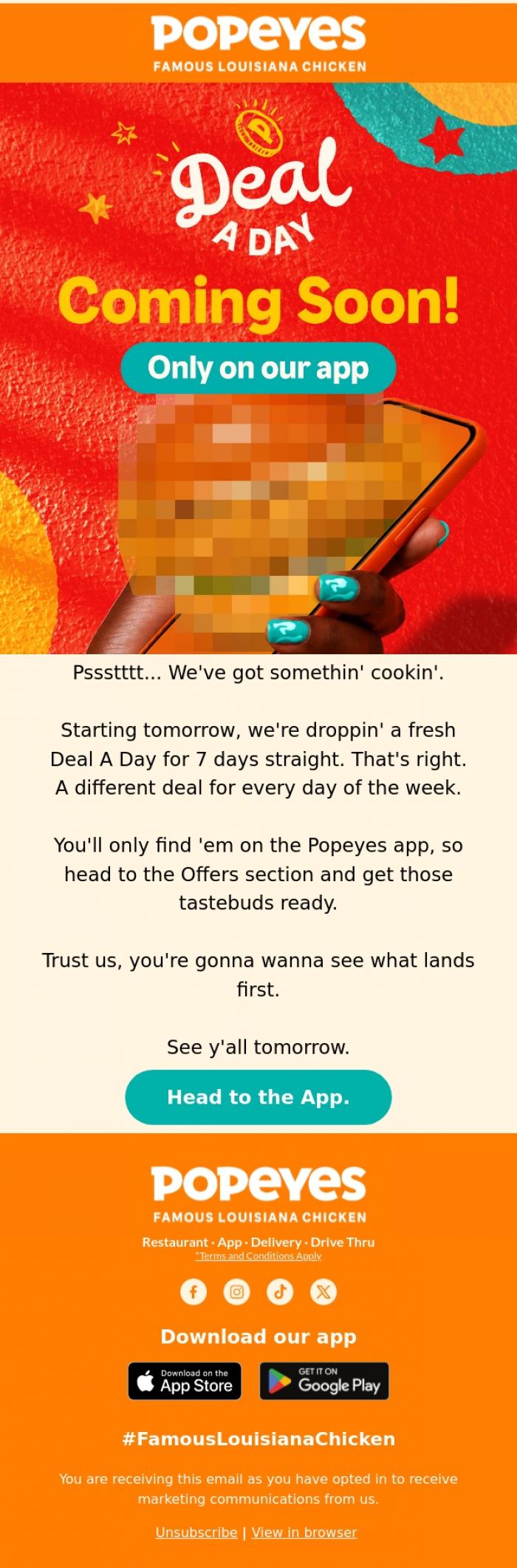Email Design Inspiration from Popeyes Louisiana Chicken UK, Deal A Day starts tomorrow 👀