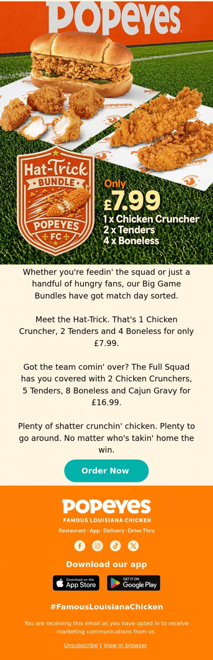 Email Design Inspiration from Popeyes Louisiana Chicken UK, Game day just got tastier 👀