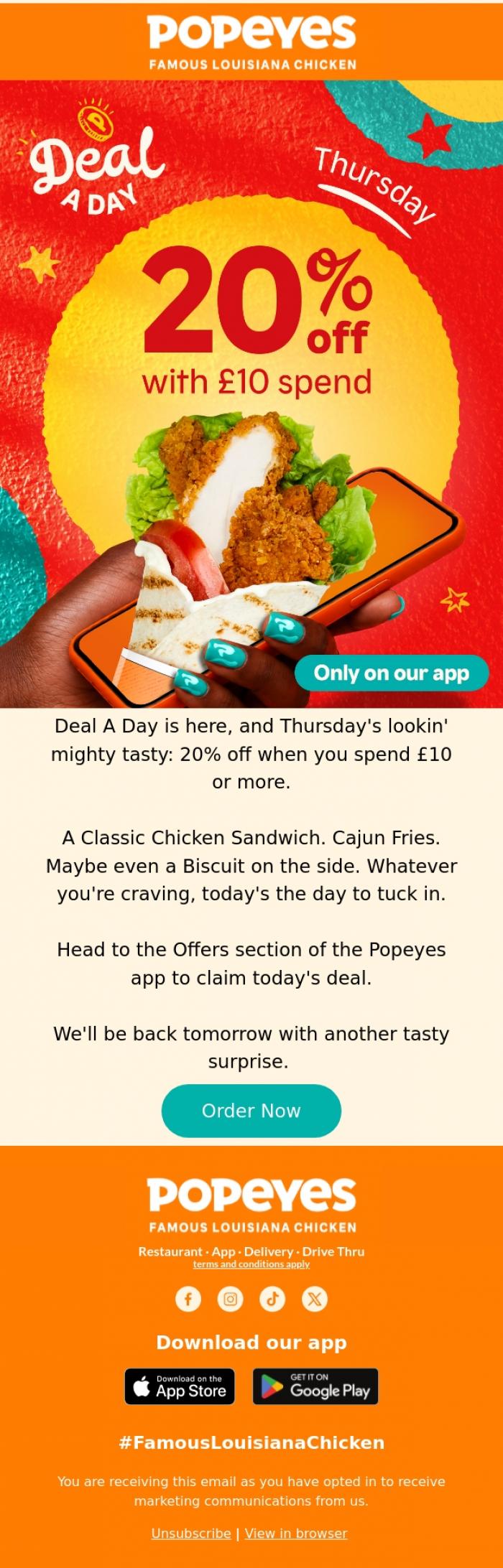Email Design Inspiration from Popeyes Louisiana Chicken UK, Another day, another deal 👀