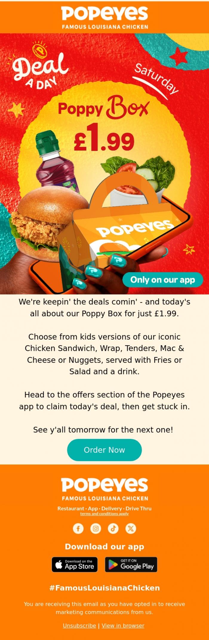 Email Design Inspiration from Popeyes Louisiana Chicken UK, Saturday's Deal A Day is here