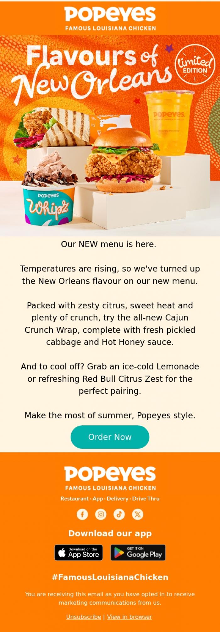 Email Design Inspiration from Popeyes Louisiana Chicken UK, Serving summer, New Orleans Style