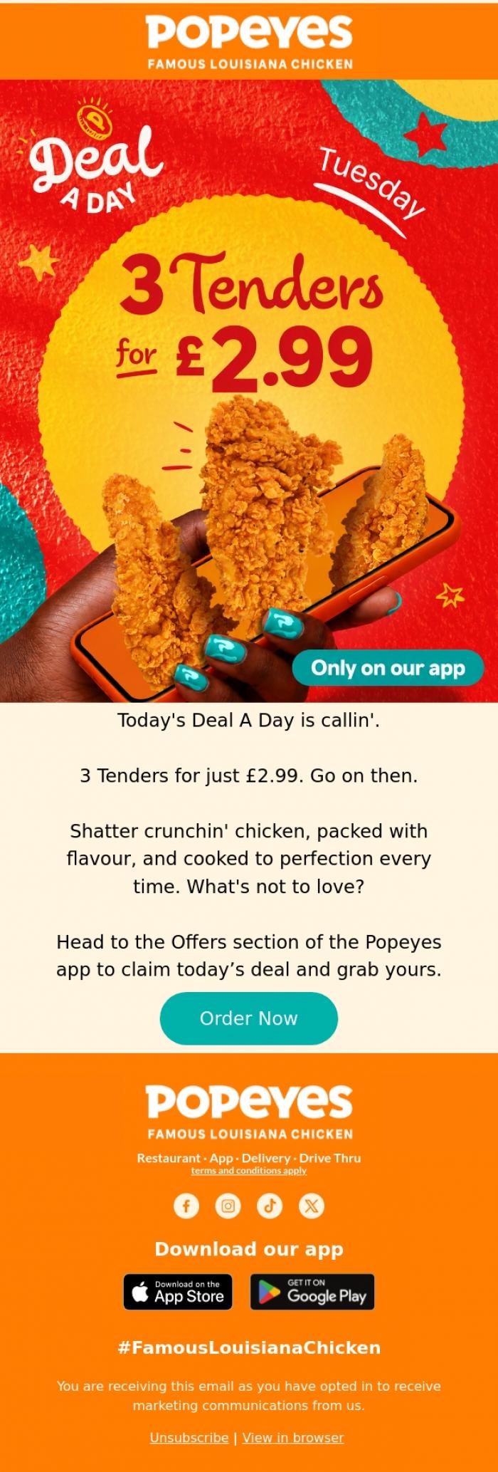 Email Design Inspiration from Popeyes Louisiana Chicken UK, 3 Tenders for just &pound;2.99