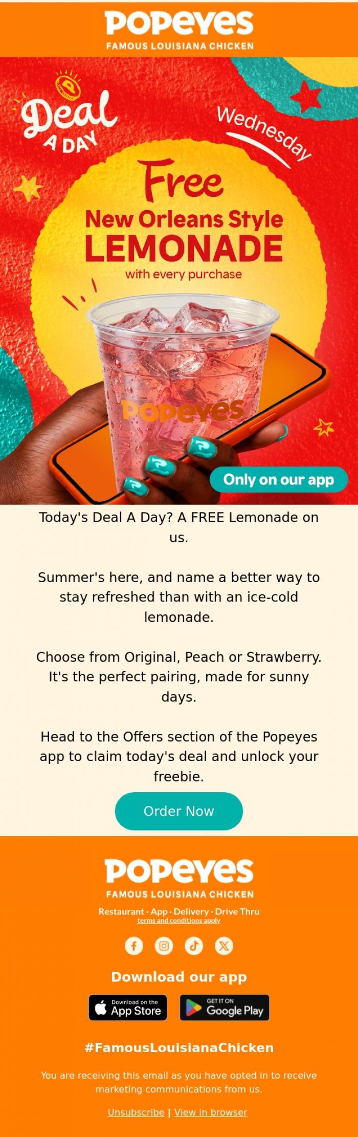 Email Design Inspiration from Popeyes Louisiana Chicken UK, Stay cool with a FREE Lemonade 🥤