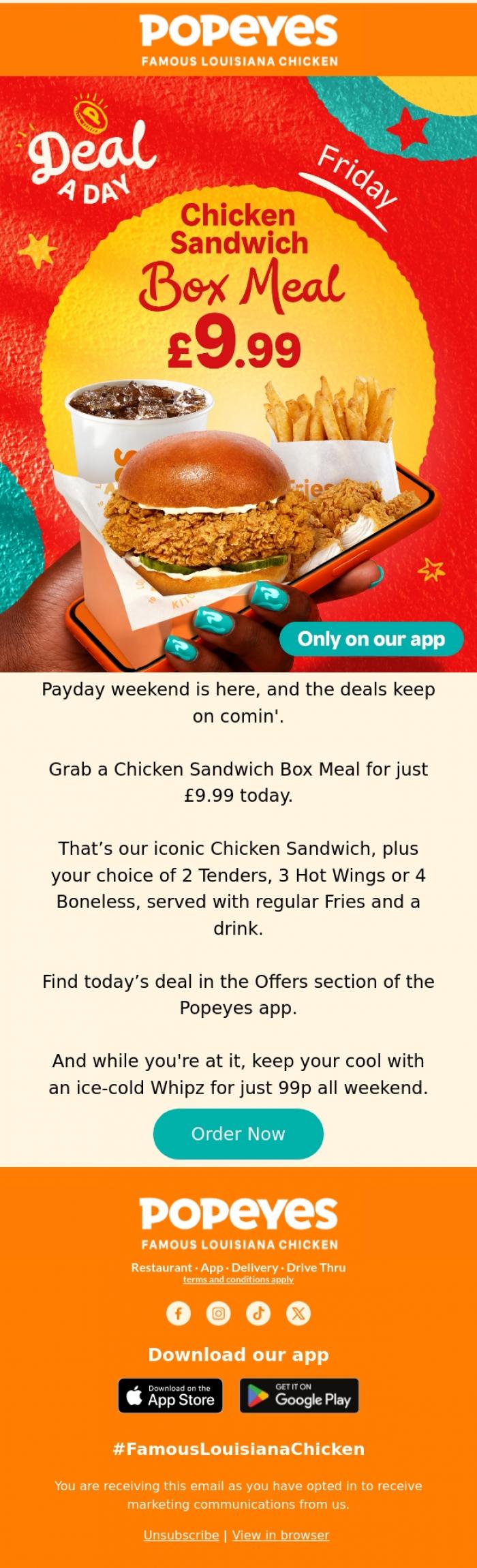 Email Design Inspiration from Popeyes Louisiana Chicken UK, Friday's Deal A Day has landed