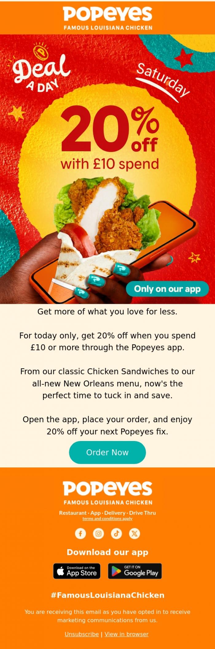 Email Design Inspiration from Popeyes Louisiana Chicken UK, 20% off when you spend &pound;10