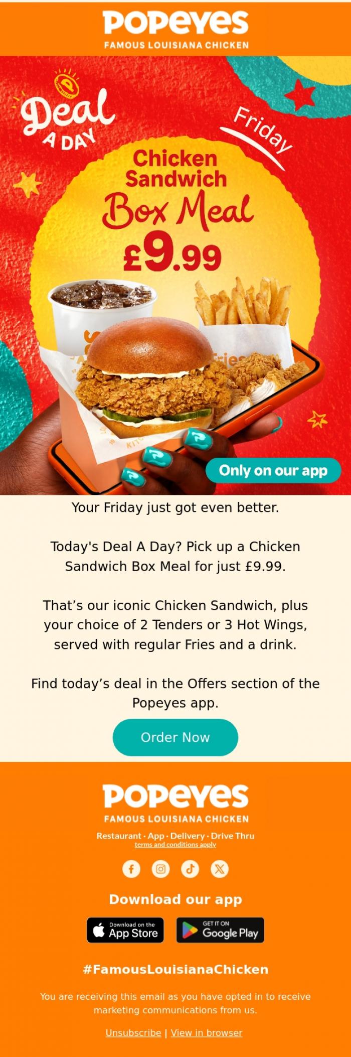 Email Design Inspiration from Popeyes Louisiana Chicken UK, Chicken Sandwich Box Meal for just &pound;9.99