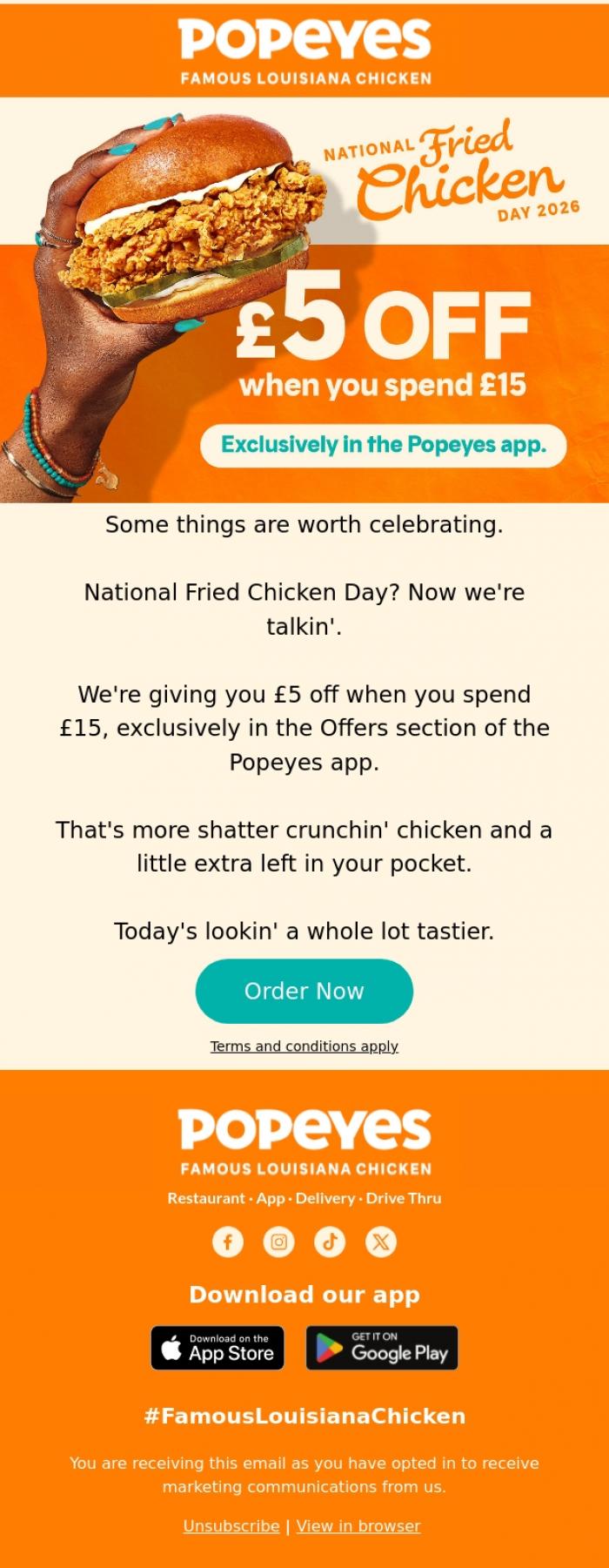 Email Design Inspiration from Popeyes Louisiana Chicken UK, National Fried Chicken Day done right
