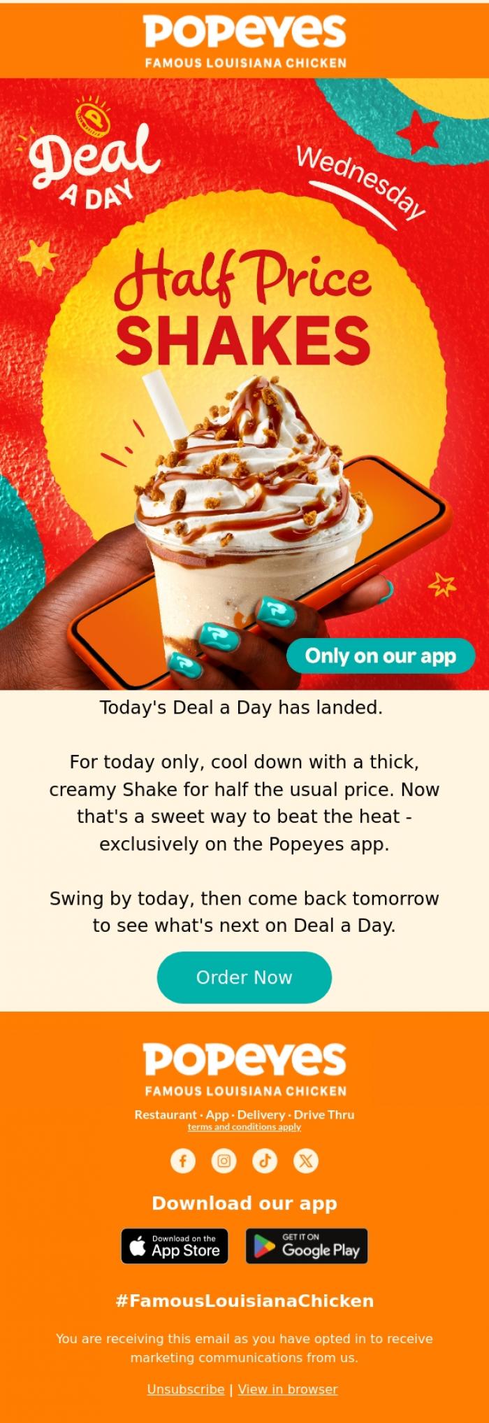 Email Design Inspiration from Popeyes Louisiana Chicken UK, Cool off with a half-price Shake