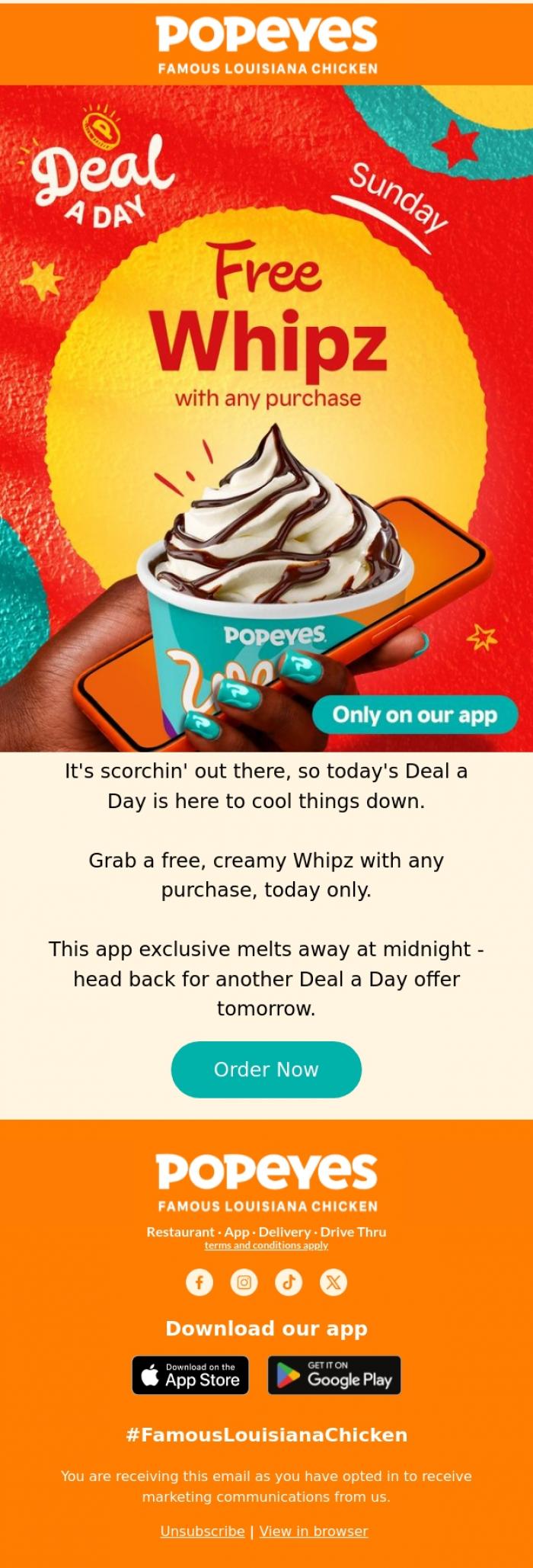 Email Design Inspiration from Popeyes Louisiana Chicken UK, Beat the heat with a free Whipz 🍦