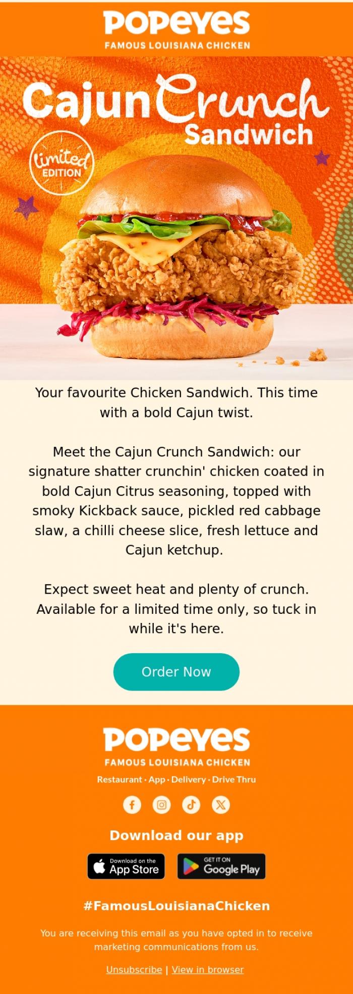 Email Design Inspiration from Popeyes Louisiana Chicken UK, Meet the New Cajun Crunch Sandwich.