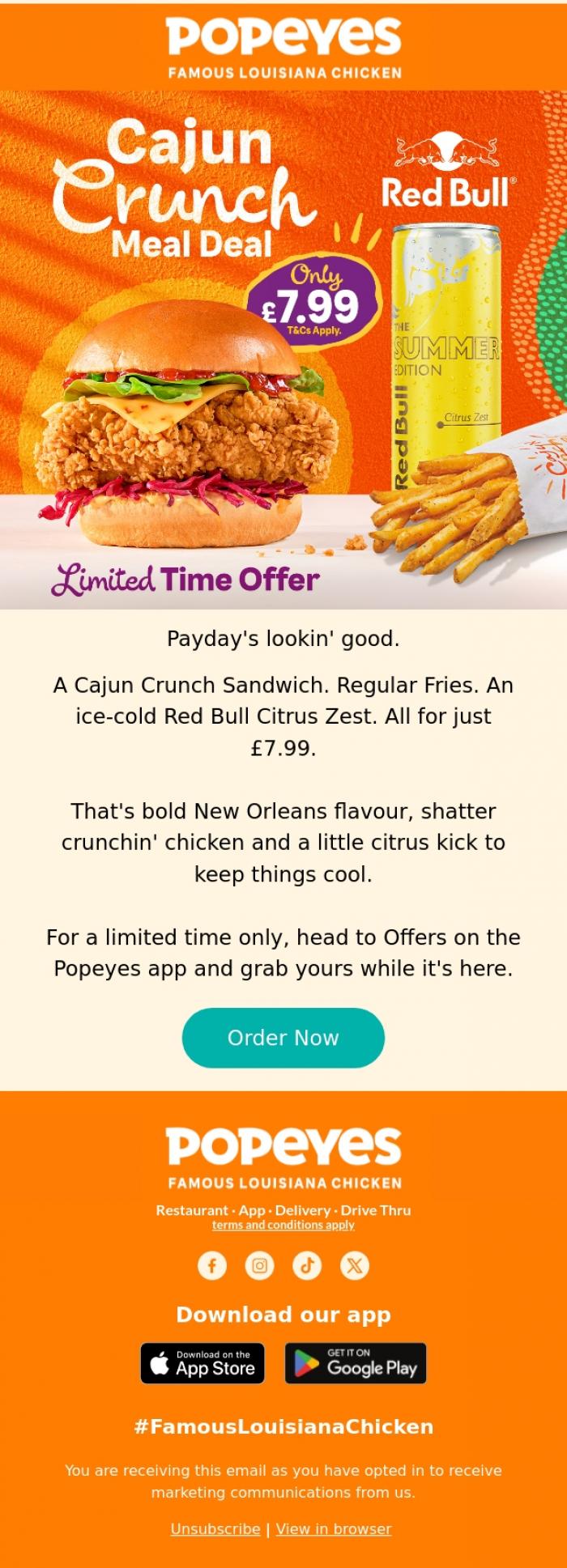 Email Design Inspiration from Popeyes Louisiana Chicken UK, Payday just got tastier