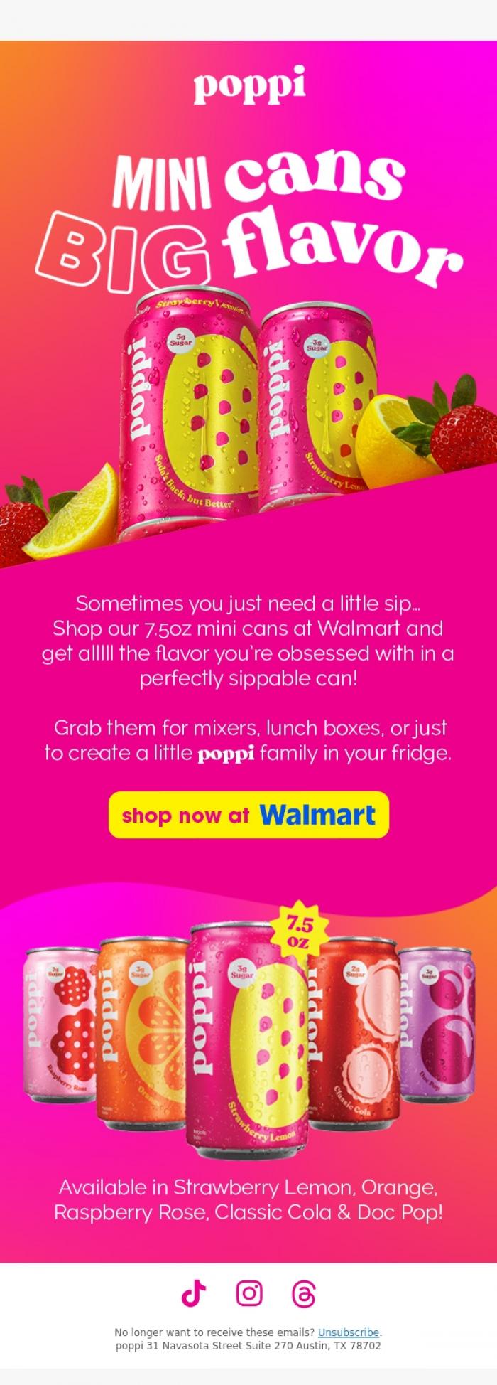 Email Design Inspiration from poppi, get your fave mini flavors at Walmart 🫧
