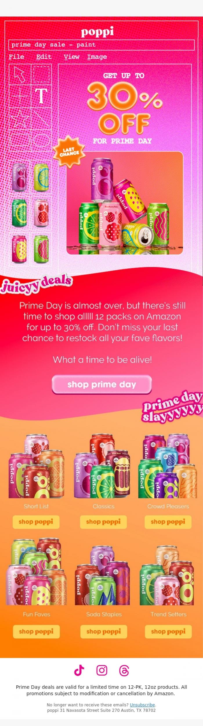 Email Design Inspiration from poppi, don't miss 30% off for Prime Day 👀