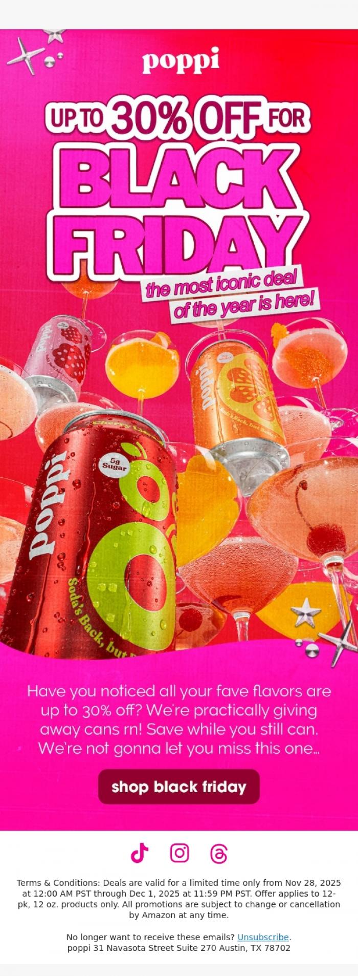 Email Design Inspiration from poppi, shop up to 30% off rn! 🥤happy black friday 😘