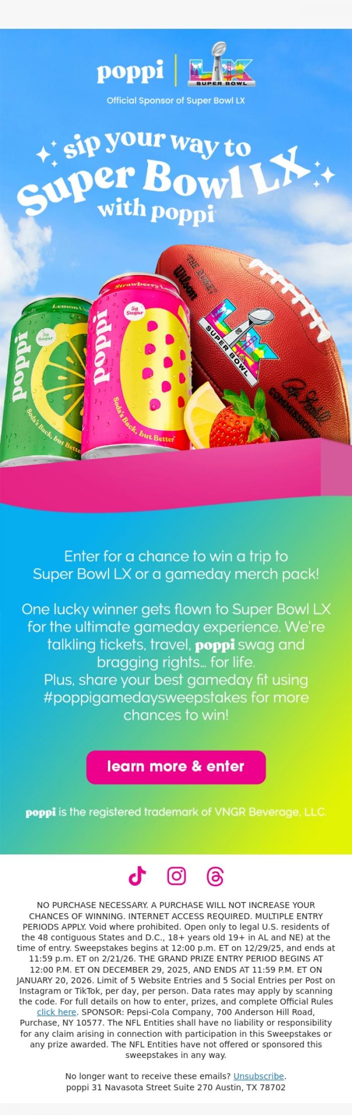 Email Design Inspiration from poppi, sip your way to Super Bowl LX with poppi!