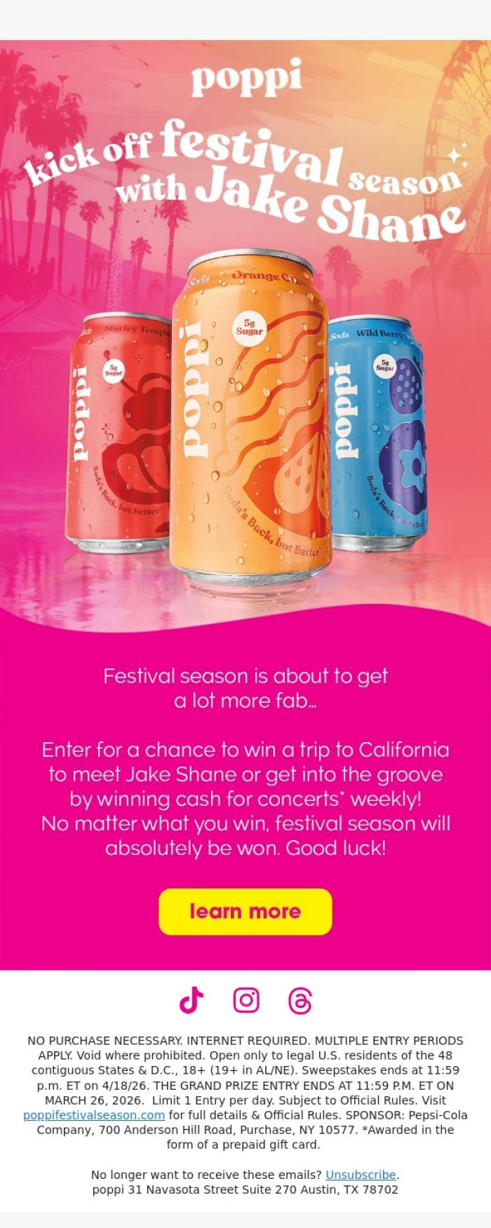 Email Design Inspiration from poppi, ready to win festival season? 👀😍