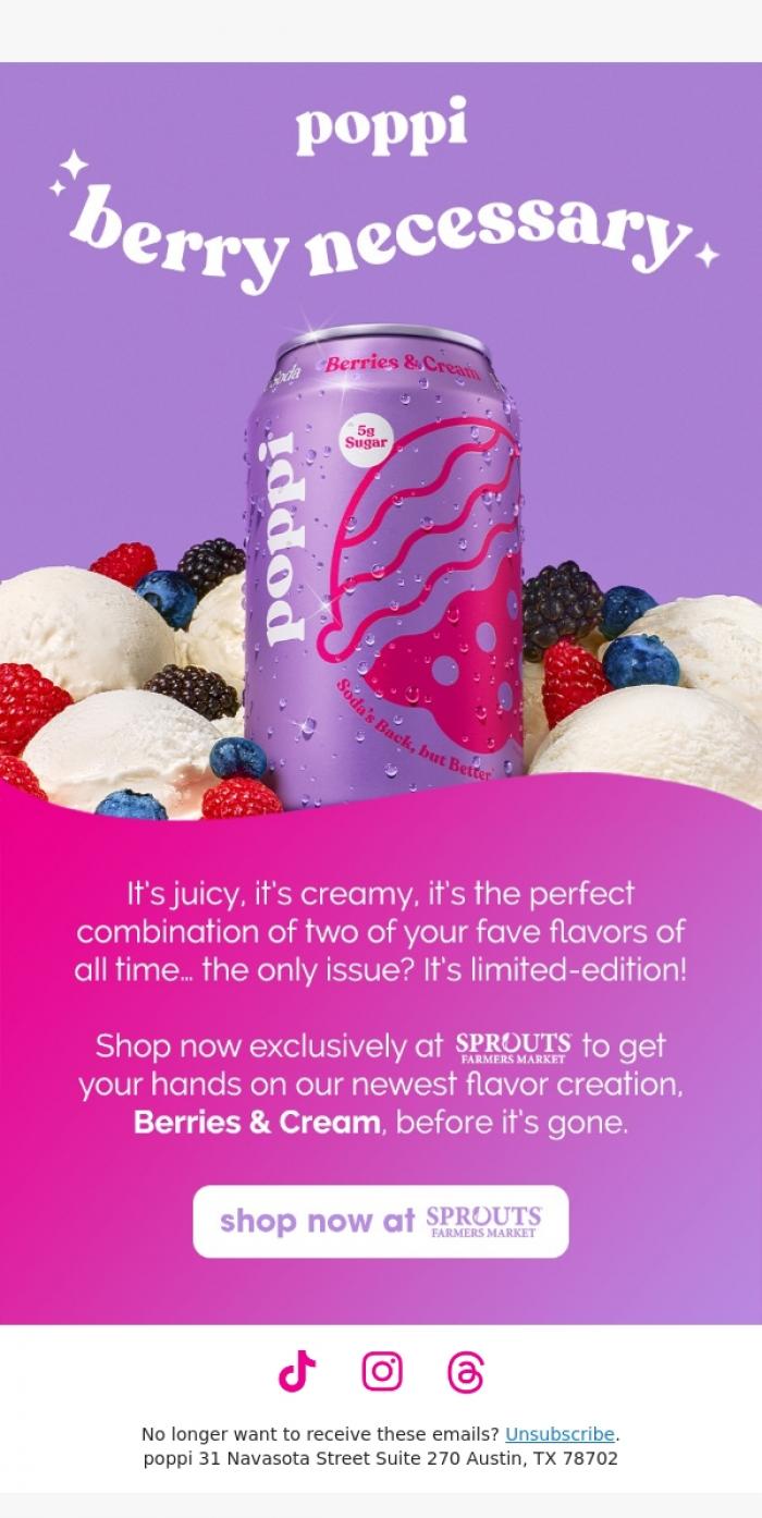 Email Design Inspiration from poppi, it's here: Berries & Cream 🫐 🍨🫐🍨